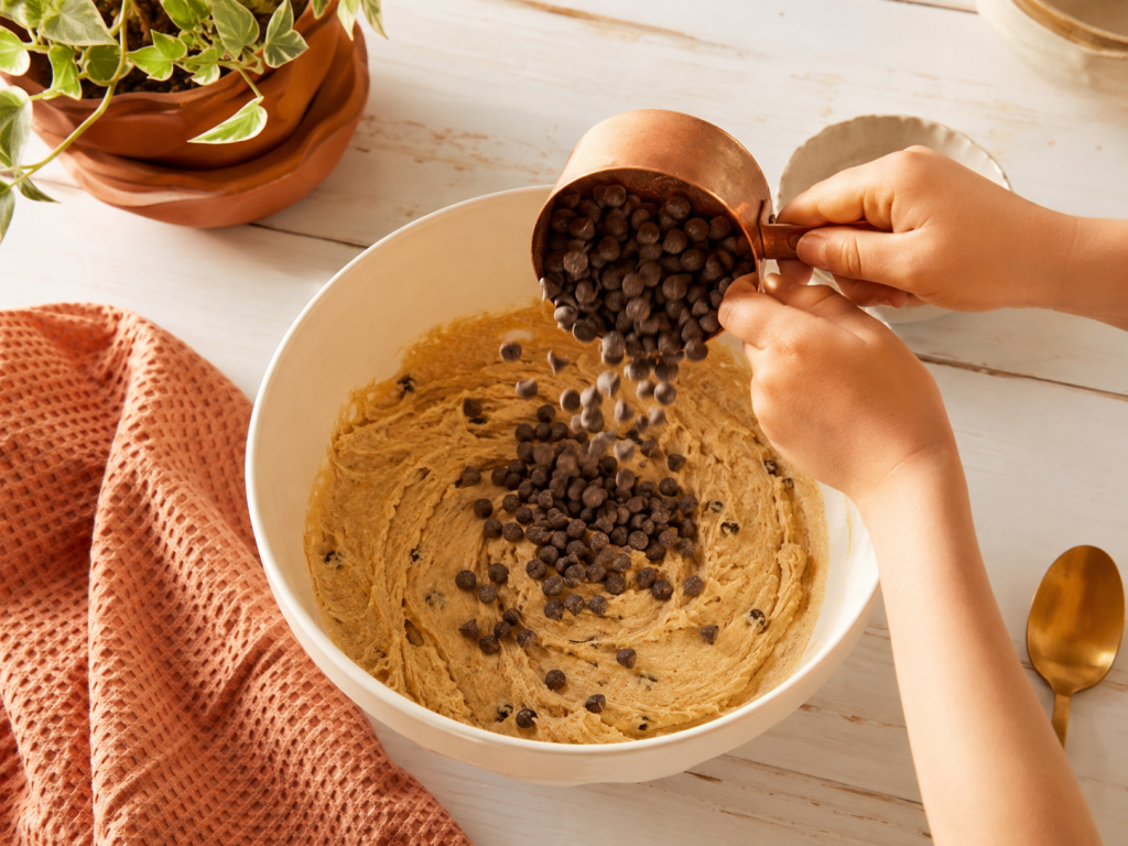 Child and adult hands pouring chocolate chips into cookie dough