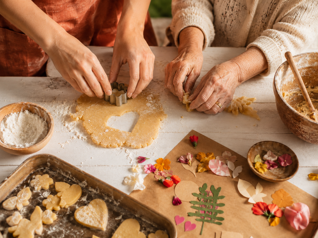 Two generations of hands cutting cookie dough together