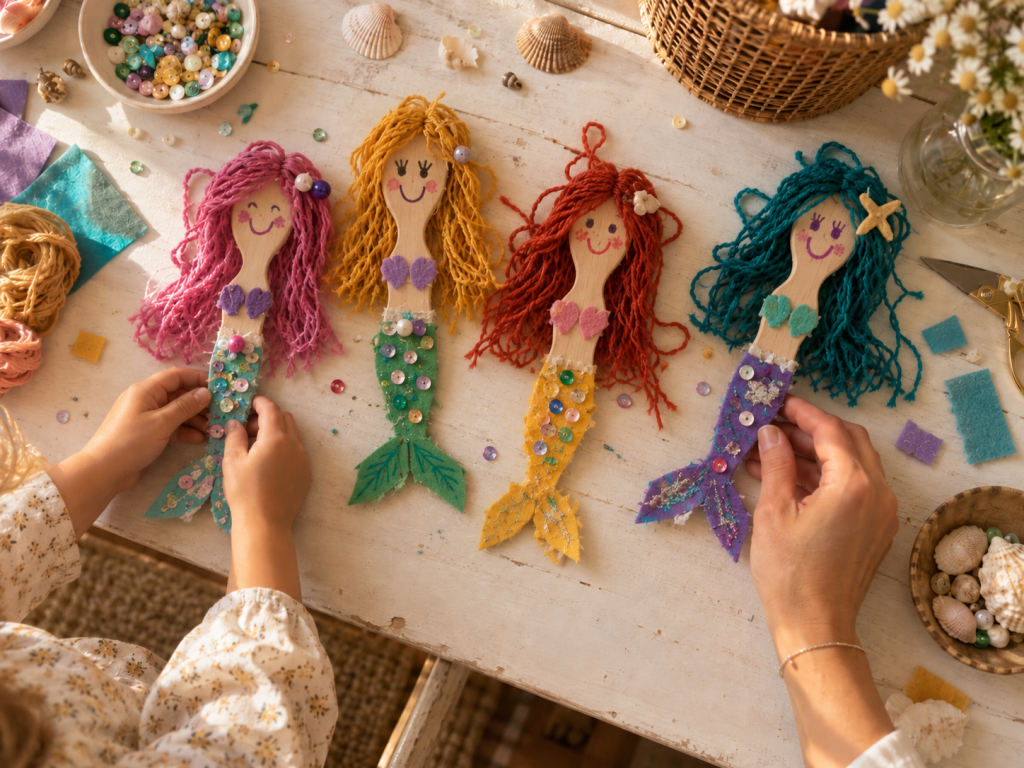 Colorful mermaid spoon puppets craft for kids