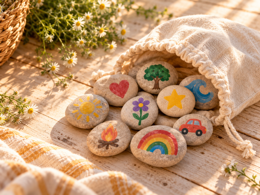 Finished painted story stones with a rainbow, sun, flower, and star beside a fabric storage pouch.