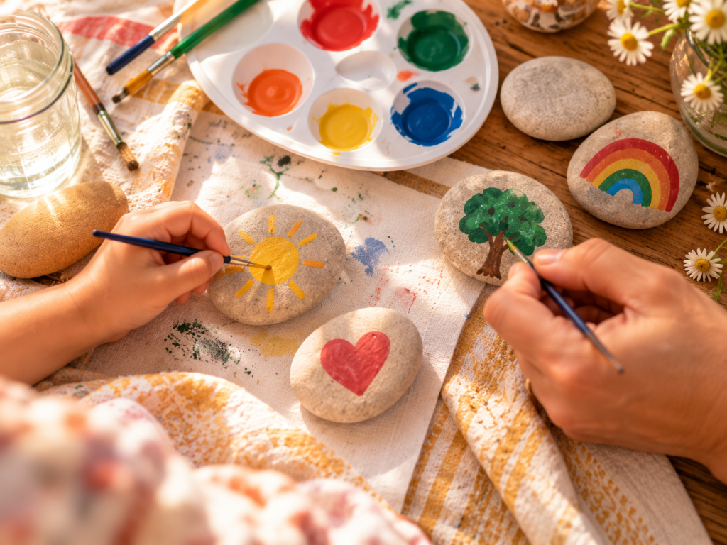 Adult and child painting colorful pictures on smooth stones to make a storytelling game.