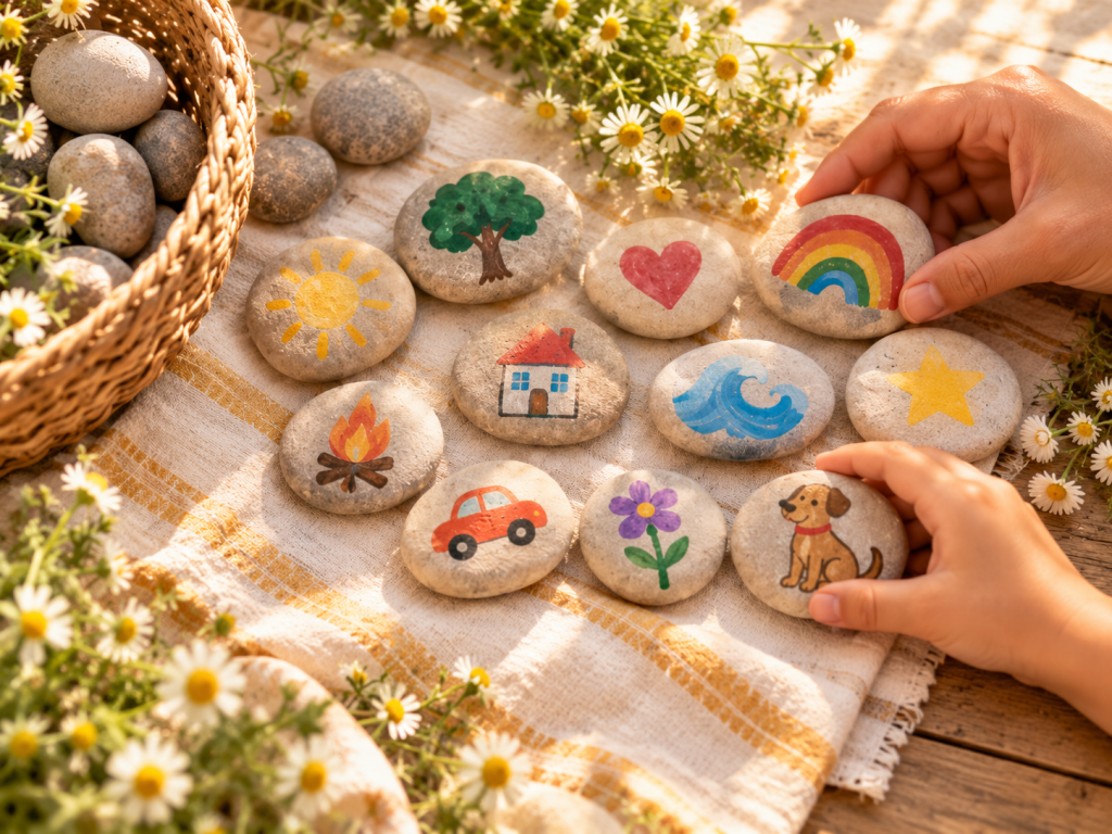 DIY story stones for kids featuring colorful painted rocks with pictures for storytelling.